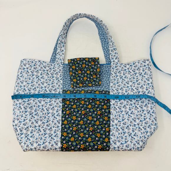 Handmade Floral Patchwork Tote Bag Blue Cottagecore Quilted Purse WVU Lining - Picture 10 of 11